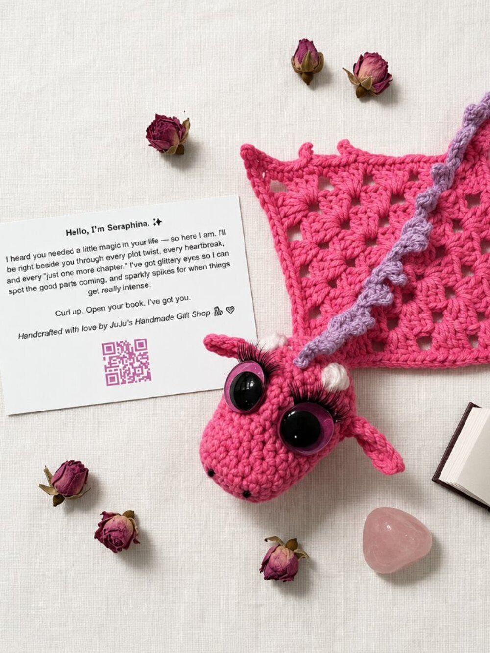 Seraphina the Emotional Support Dragon | Bookworm Gift | Pink Dragon Plush